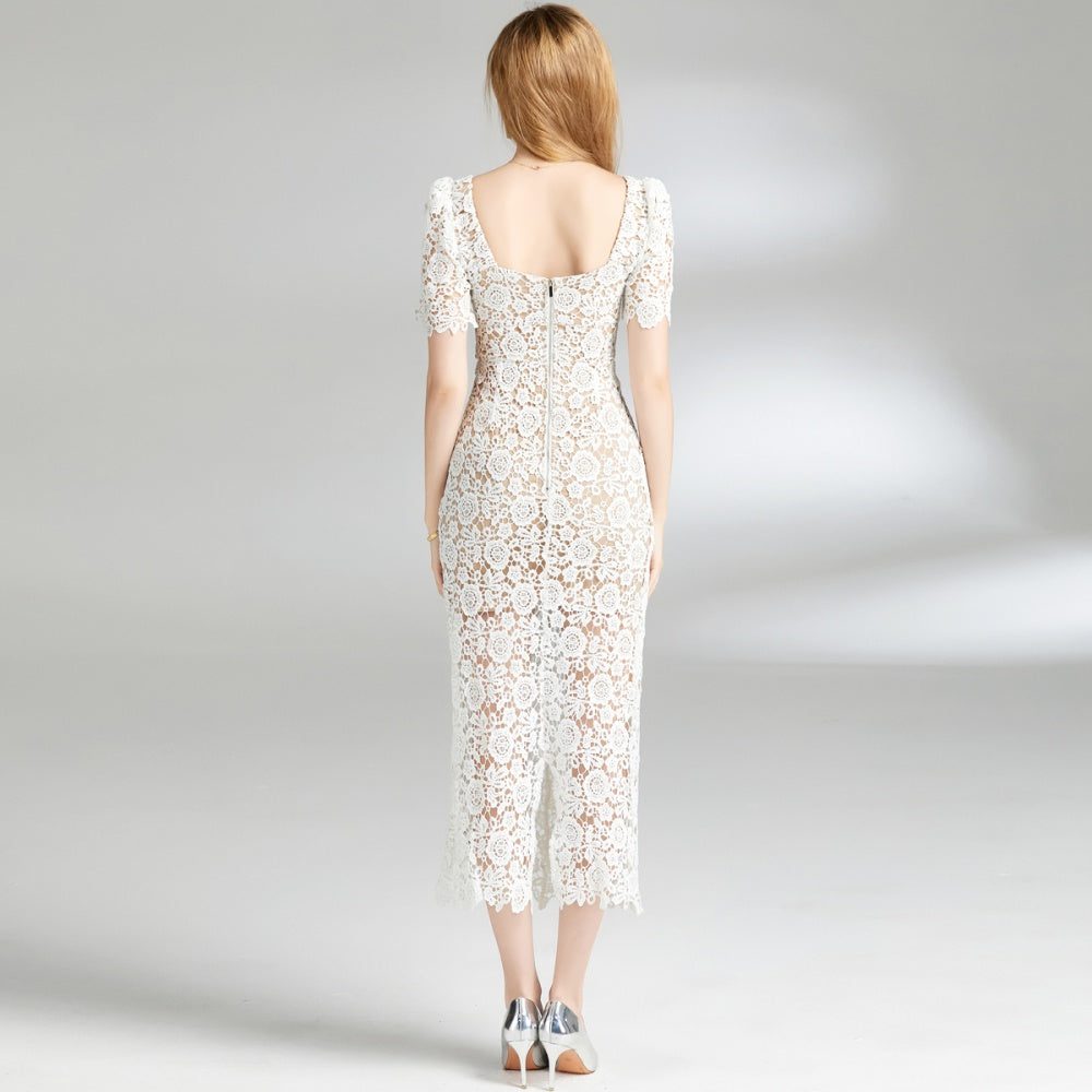 CM-DY008386 Women Elegant European Style Round Neck Short Sleeve Hollow Slim Lace Long Dress - Beige