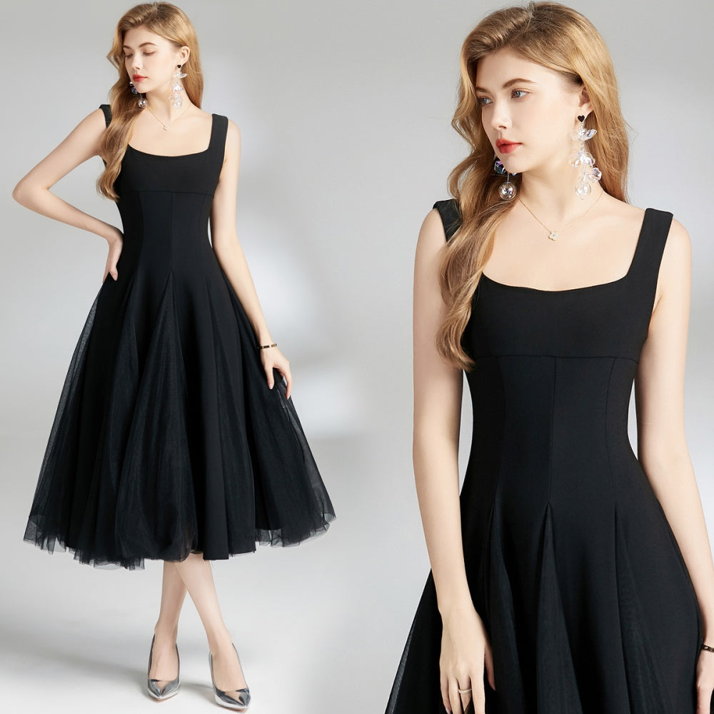 CM-DY008390 Women Elegant European Style Gauze Sling Sleeveless Mid-Length Dress - Black