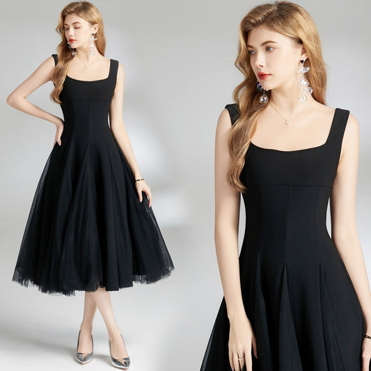 CM-DY008390 Women Elegant European Style Gauze Sling Sleeveless Mid-Length Dress - Black