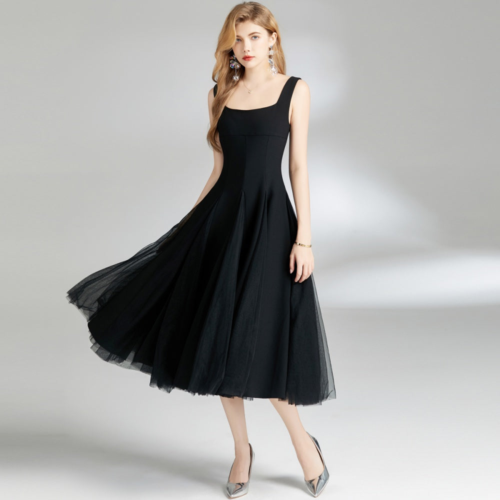 CM-DY008390 Women Elegant European Style Gauze Sling Sleeveless Mid-Length Dress - Black