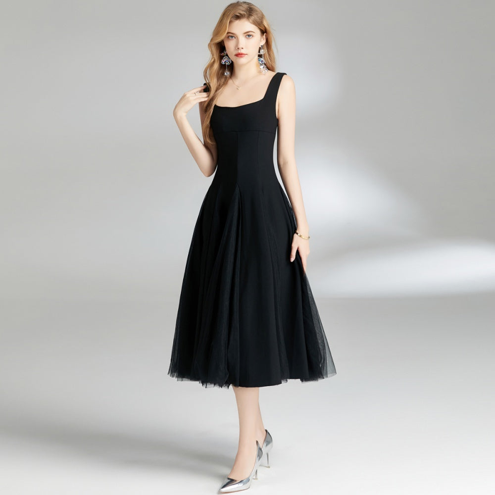 CM-DY008390 Women Elegant European Style Gauze Sling Sleeveless Mid-Length Dress - Black
