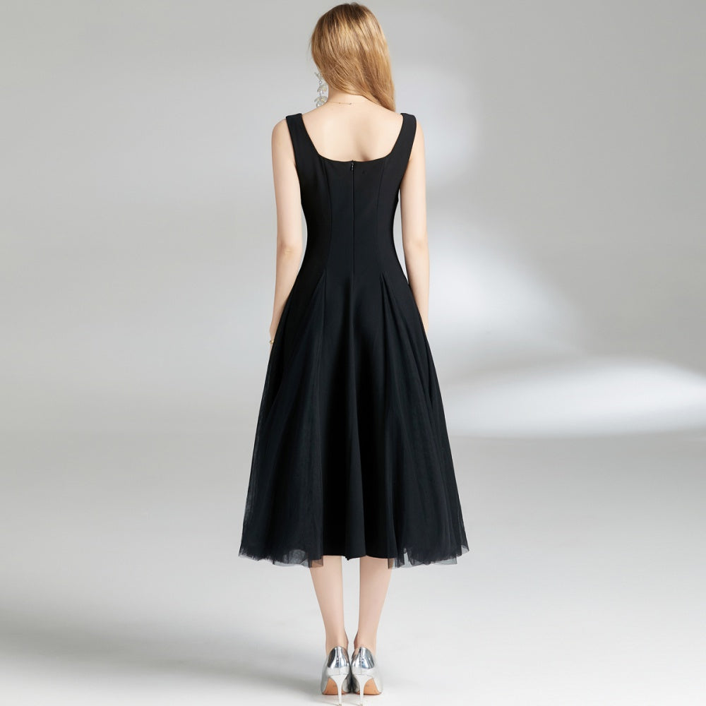 CM-DY008390 Women Elegant European Style Gauze Sling Sleeveless Mid-Length Dress - Black