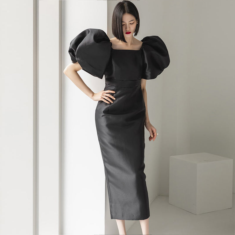 CM-DY008607 Women Elegant European Style Square Collar Puff Sleeve Long Dress - Black