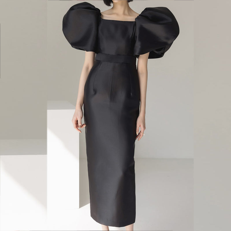 CM-DY008607 Women Elegant European Style Square Collar Puff Sleeve Long Dress - Black