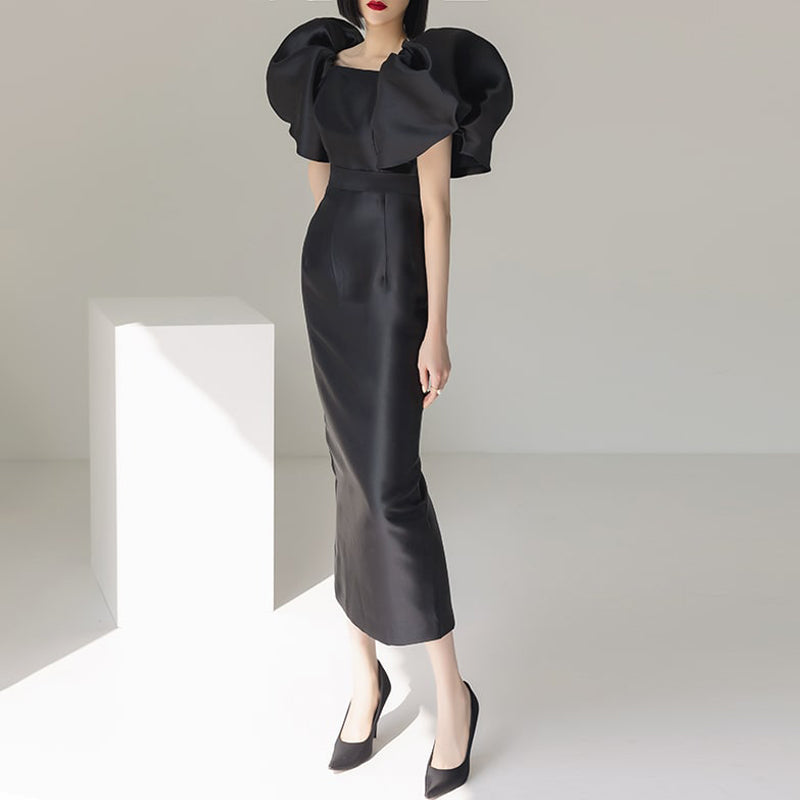 CM-DY008607 Women Elegant European Style Square Collar Puff Sleeve Long Dress - Black