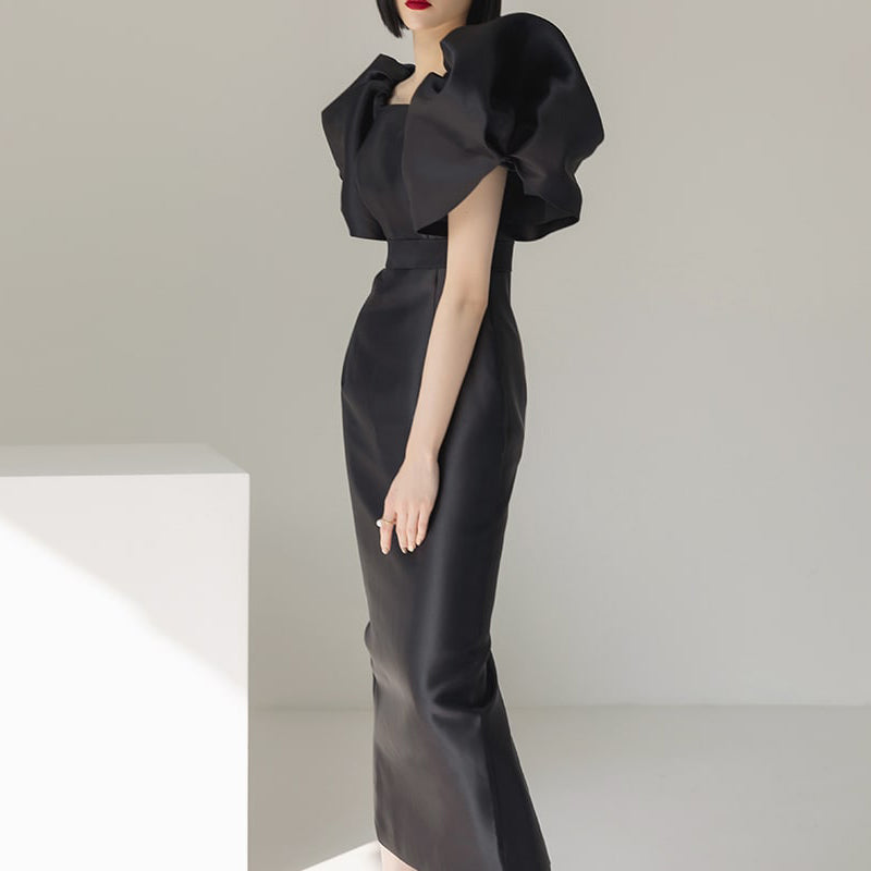 CM-DY008607 Women Elegant European Style Square Collar Puff Sleeve Long Dress - Black