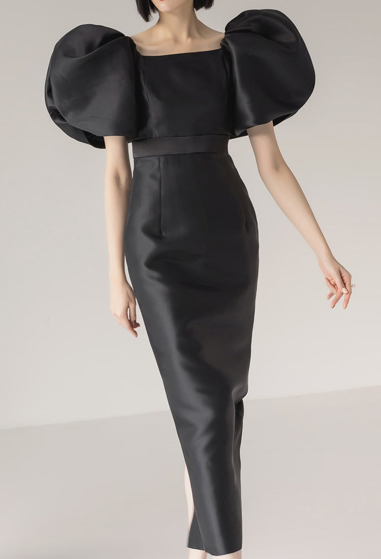 CM-DY008607 Women Elegant European Style Square Collar Puff Sleeve Long Dress - Black