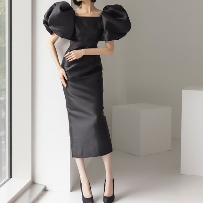 CM-DY008607 Women Elegant European Style Square Collar Puff Sleeve Long Dress - Black