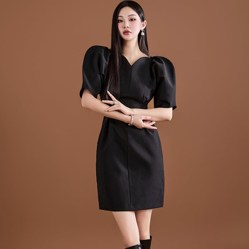 CM-DY008609 Women Elegant European Style V-Neck Pinched Waist Puff Sleeve Mini Dress - Black