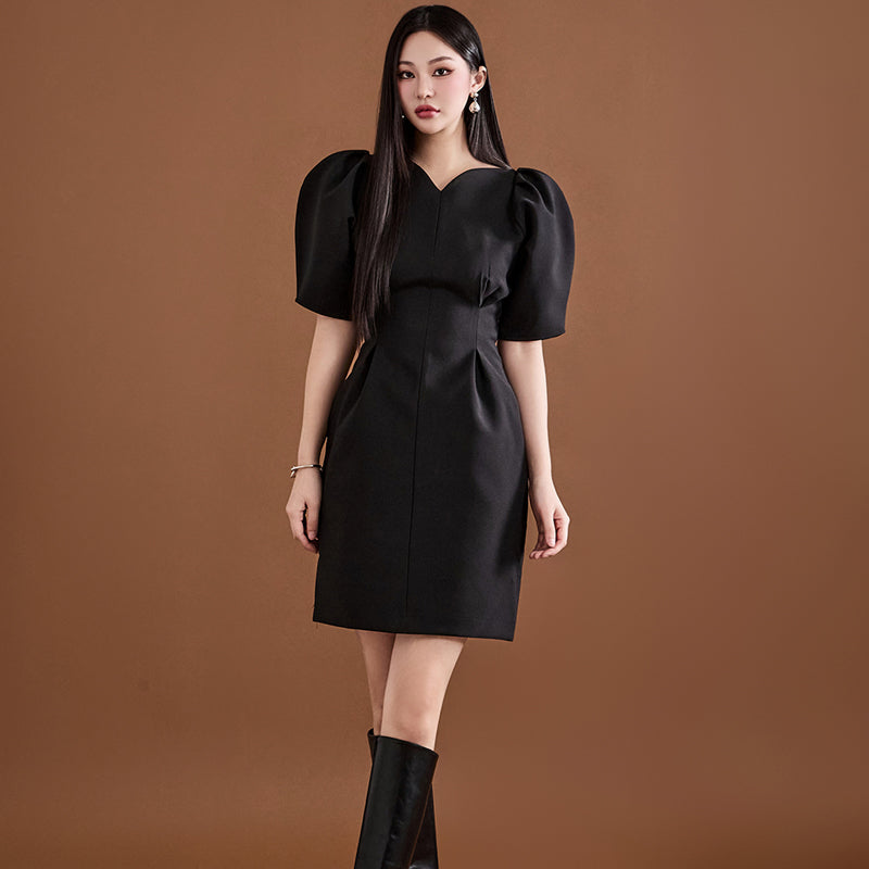CM-DY008609 Women Elegant European Style V-Neck Pinched Waist Puff Sleeve Mini Dress - Black