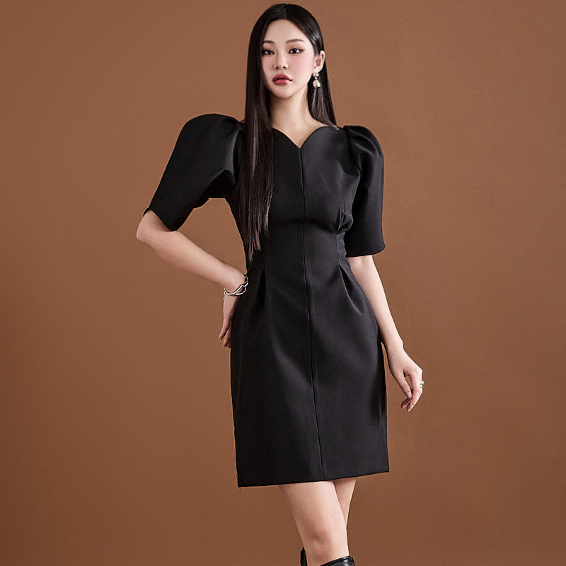 CM-DY008609 Women Elegant European Style V-Neck Pinched Waist Puff Sleeve Mini Dress - Black