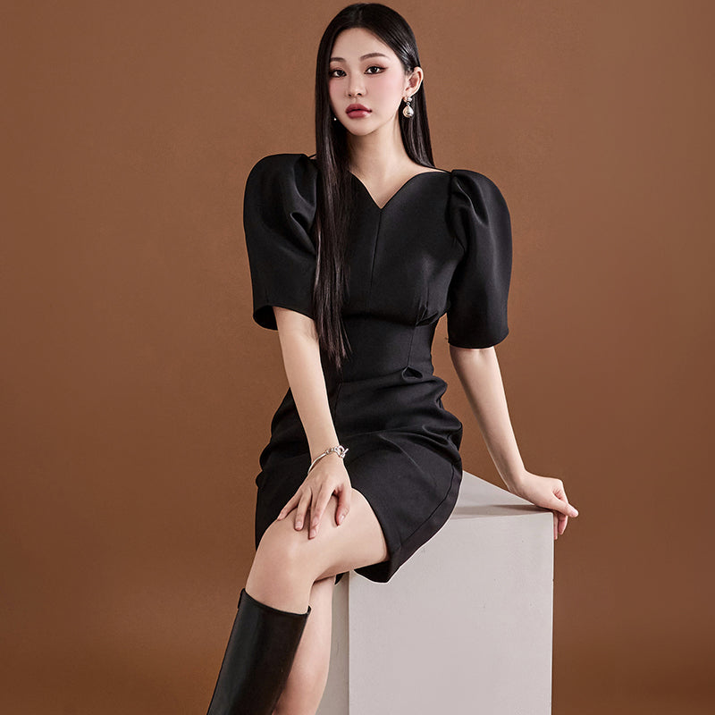 CM-DY008609 Women Elegant European Style V-Neck Pinched Waist Puff Sleeve Mini Dress - Black
