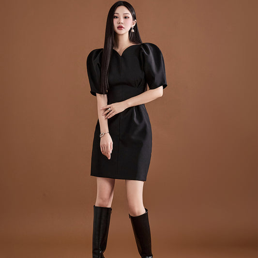 CM-DY008609 Women Elegant European Style V-Neck Pinched Waist Puff Sleeve Mini Dress - Black