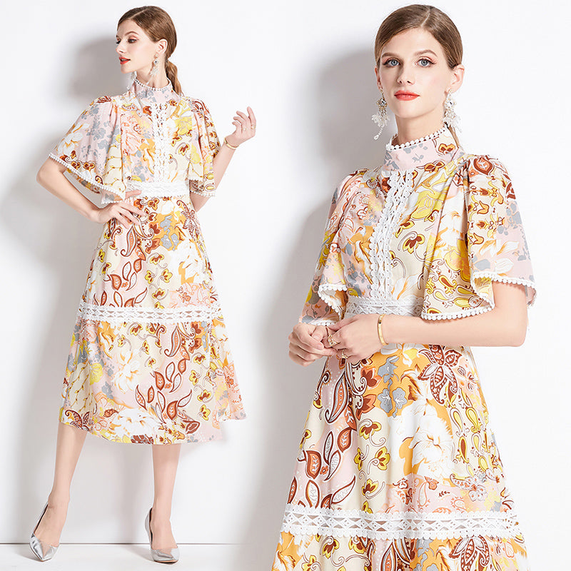 CM-DY008824 Women Elegant European Style Stand Collar Batwing Sleeve Mid-Length Dress