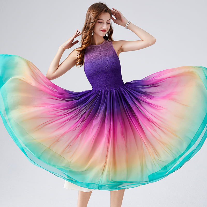 CM-DY009066 Women Elegant European Style Round Neck Sleeveless Rainbow Elastic A-Line Maxi Dress