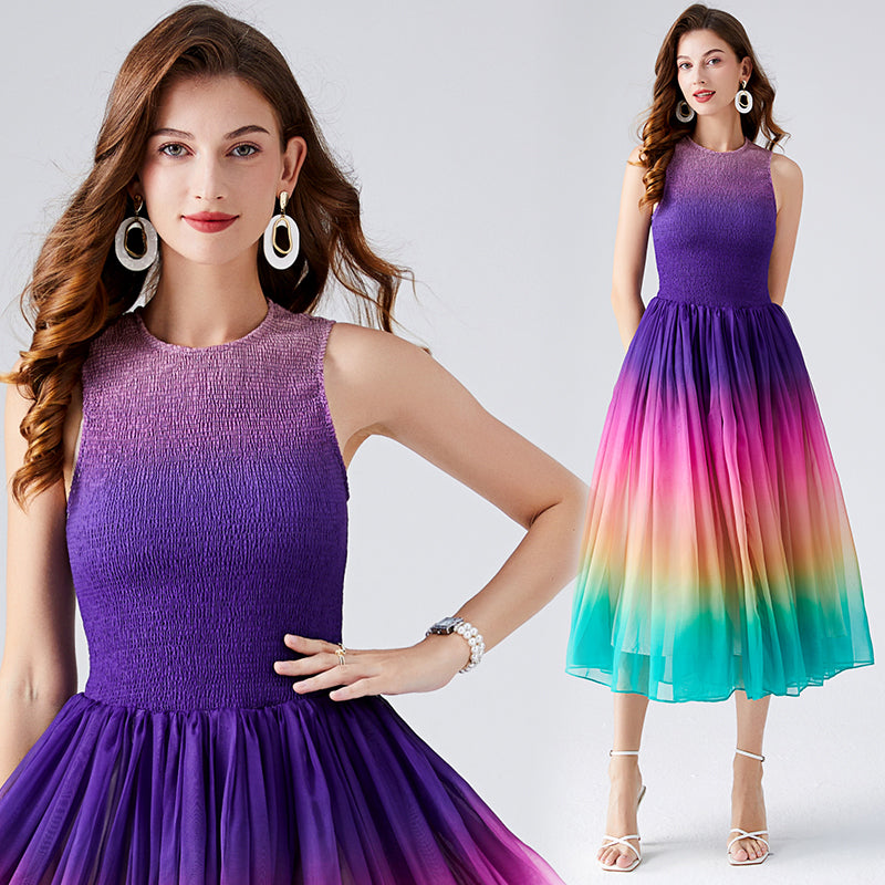 CM-DY009066 Women Elegant European Style Round Neck Sleeveless Rainbow Elastic A-Line Maxi Dress