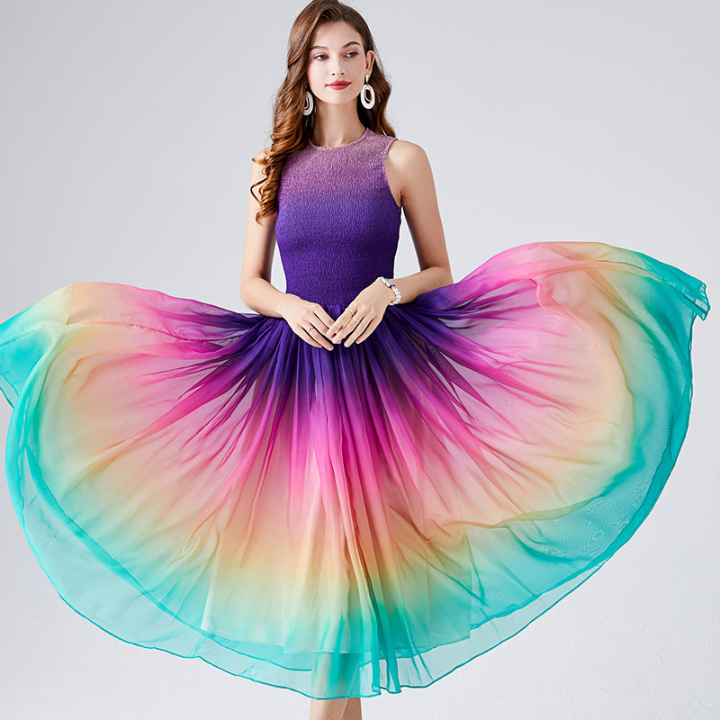 CM-DY009066 Women Elegant European Style Round Neck Sleeveless Rainbow Elastic A-Line Maxi Dress