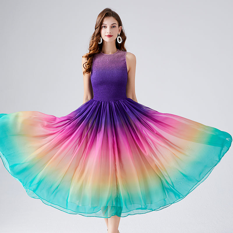 CM-DY009066 Women Elegant European Style Round Neck Sleeveless Rainbow Elastic A-Line Maxi Dress