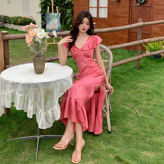 CM-DY009694 Women Elegant Seoul Style V-Neck Short Sleeve One Side Slit Long Dress