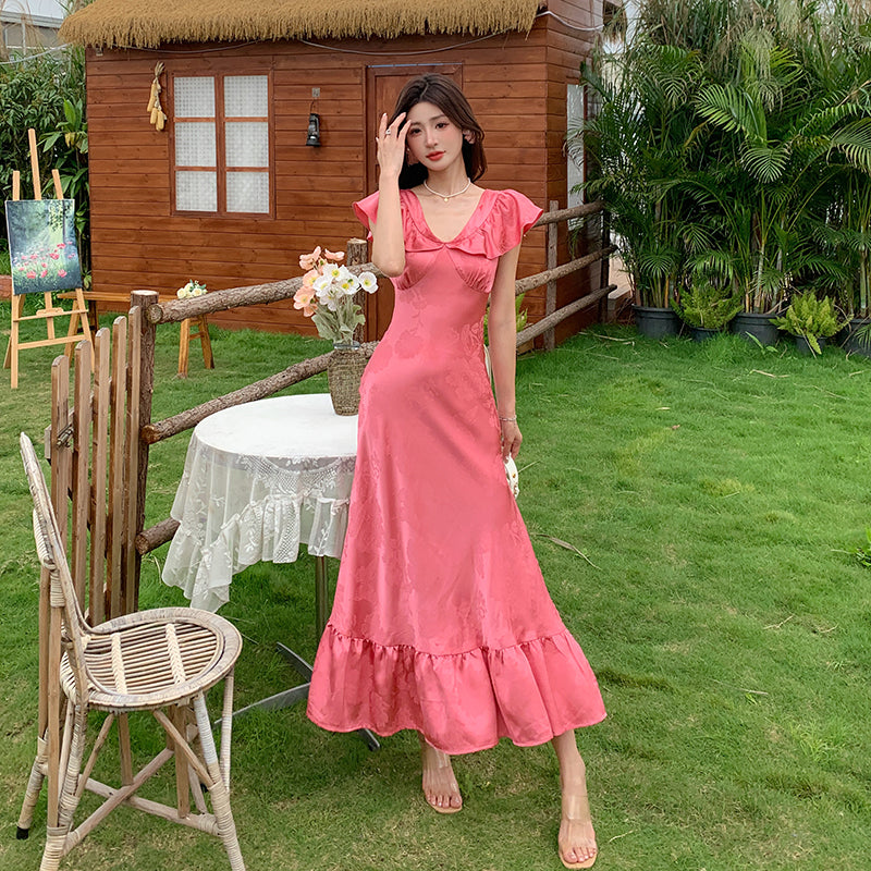 CM-DY009694 Women Elegant Seoul Style V-Neck Short Sleeve One Side Slit Long Dress