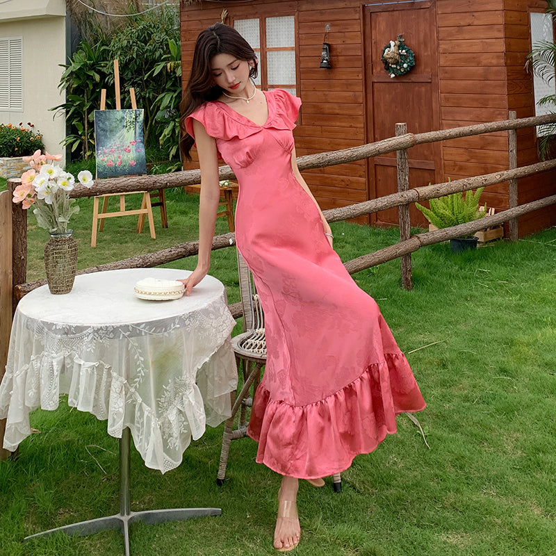 CM-DY009694 Women Elegant Seoul Style V-Neck Short Sleeve One Side Slit Long Dress
