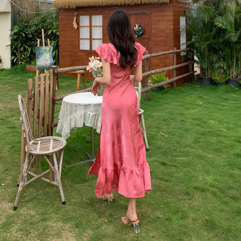CM-DY009694 Women Elegant Seoul Style V-Neck Short Sleeve One Side Slit Long Dress
