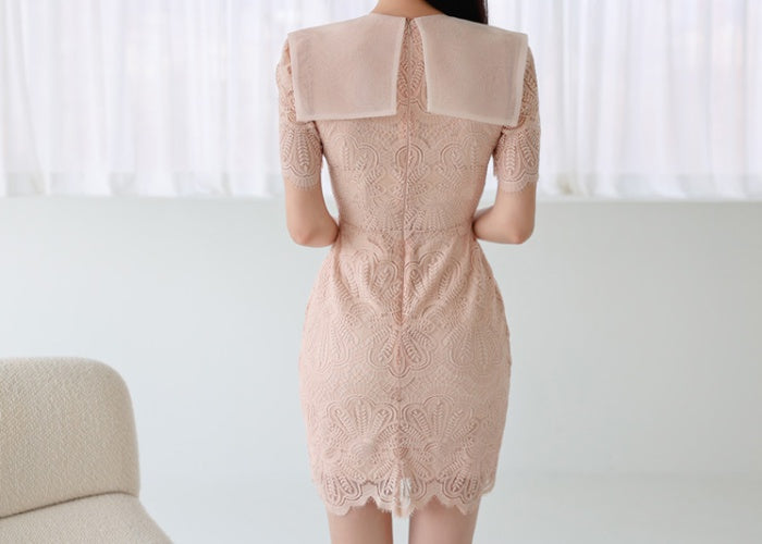 CM-DY009823 Women Elegant Seoul Style Round Neck Short Sleeve Mini Dress - Light Pink