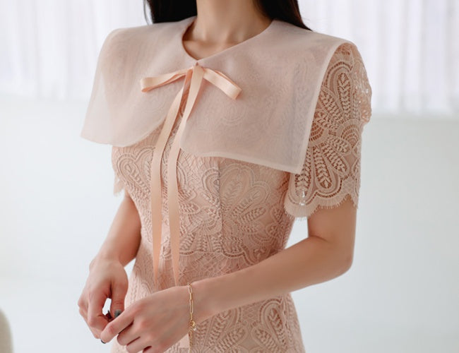 CM-DY009823 Women Elegant Seoul Style Round Neck Short Sleeve Mini Dress - Light Pink