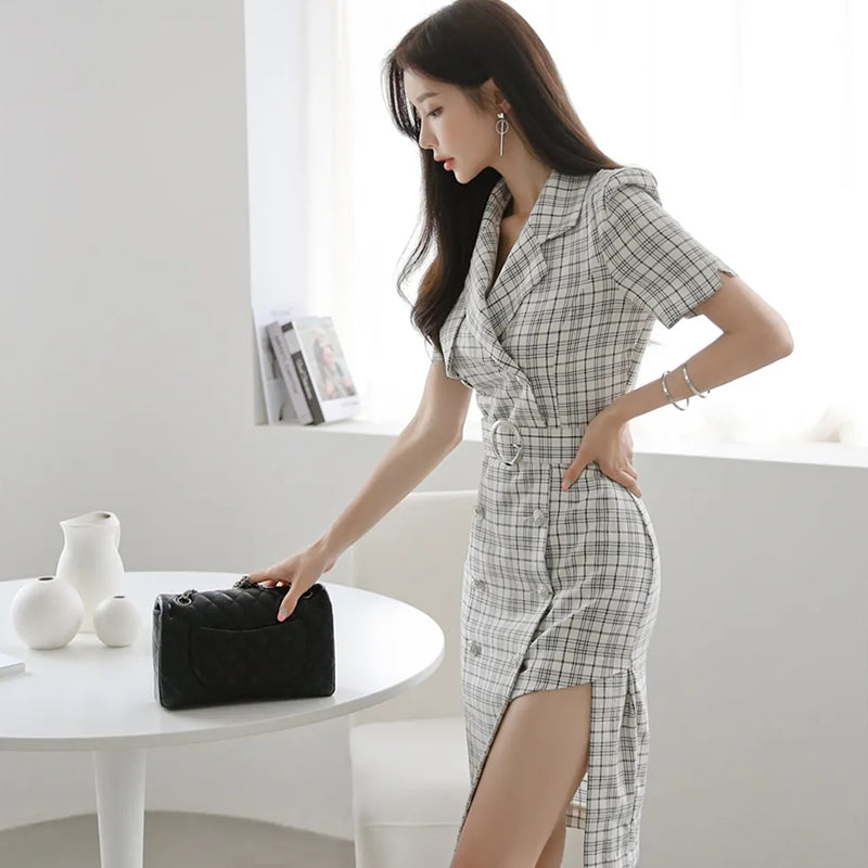 CM-DY009833 Women Elegant Seoul Style V-Neck Short Sleeve Double Breasted Midi Dress