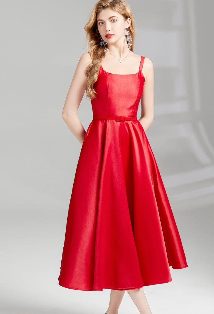CM-DY009846 Women Elegant European Style Sling Pinched Waist With Belt Slim Dress - Red