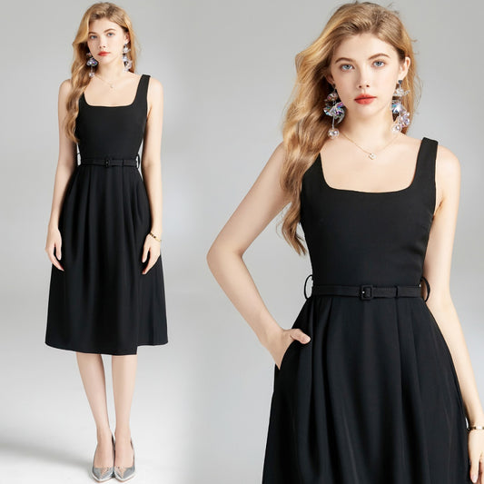 CM-DY009847 Women Elegant European Style Square Neck Sleeveless Midi Dress With Belt - Black