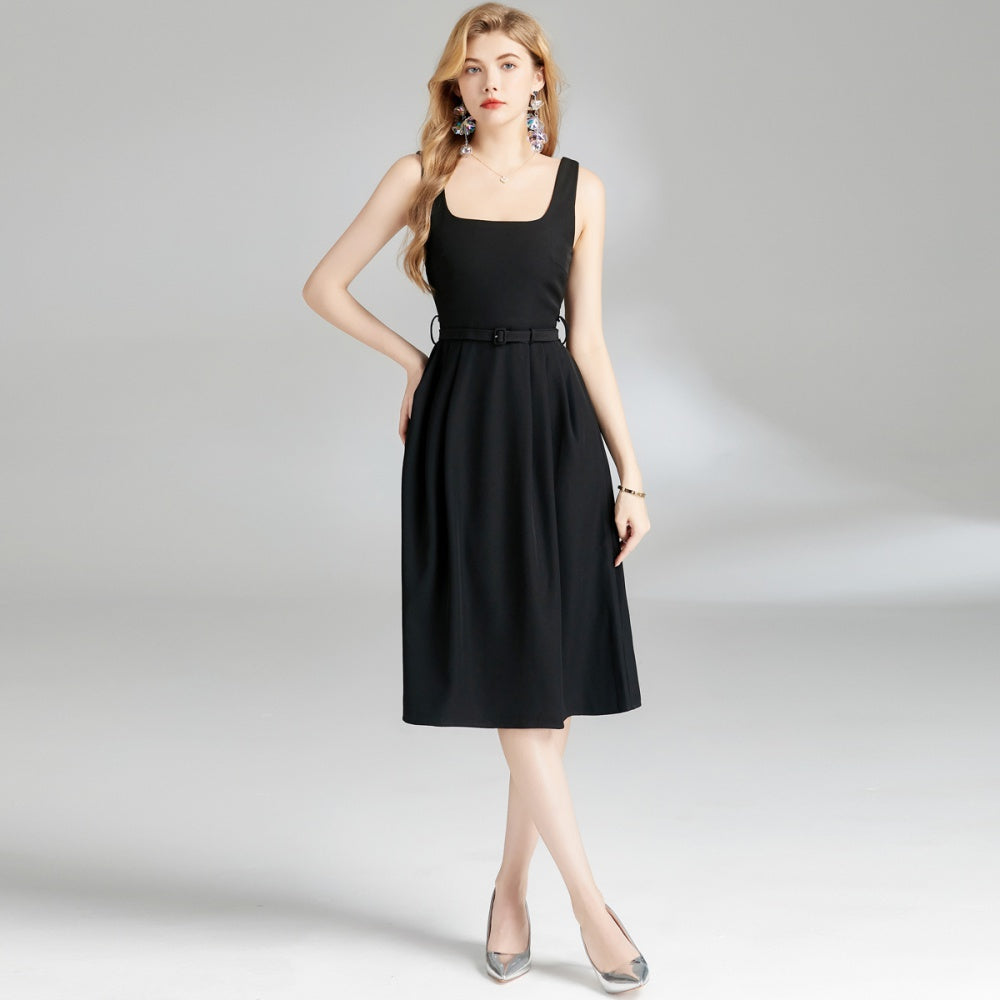 CM-DY009847 Women Elegant European Style Square Neck Sleeveless Midi Dress With Belt - Black