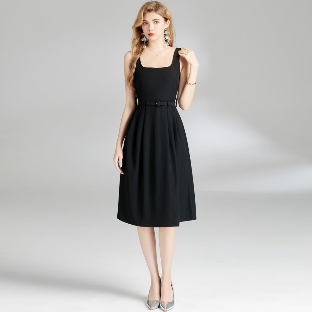 CM-DY009847 Women Elegant European Style Square Neck Sleeveless Midi Dress With Belt - Black