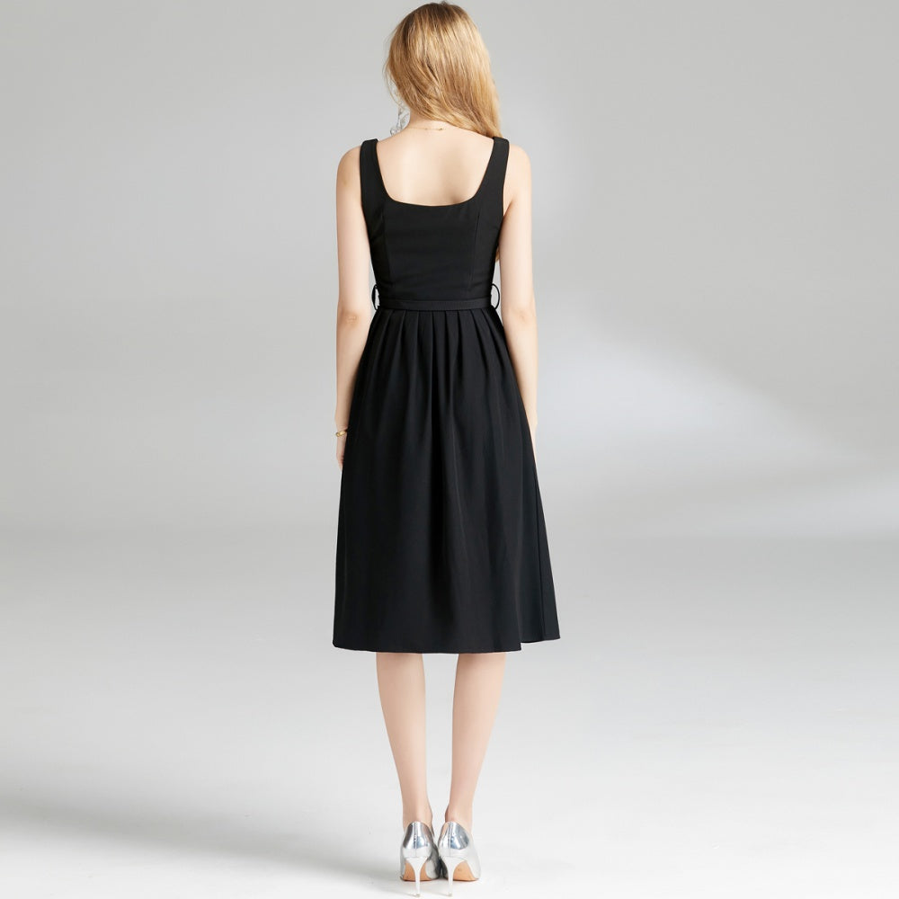CM-DY009847 Women Elegant European Style Square Neck Sleeveless Midi Dress With Belt - Black