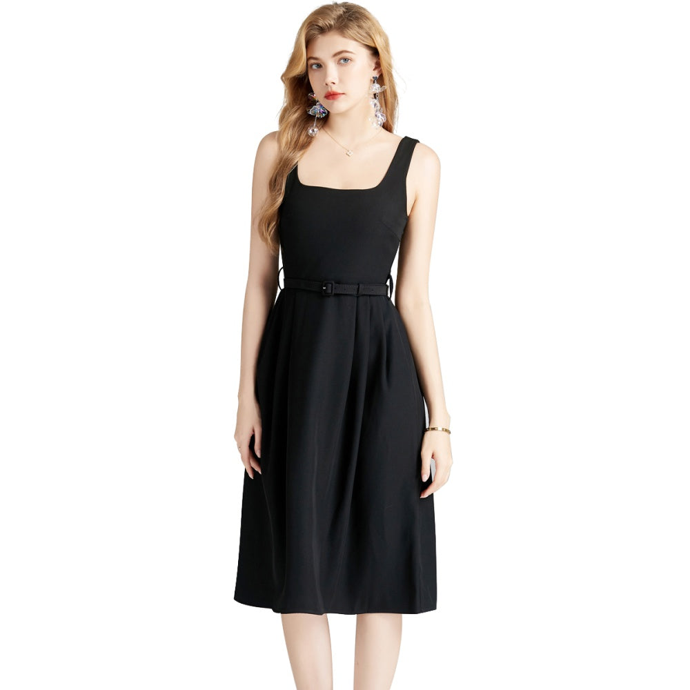 CM-DY009847 Women Elegant European Style Square Neck Sleeveless Midi Dress With Belt - Black