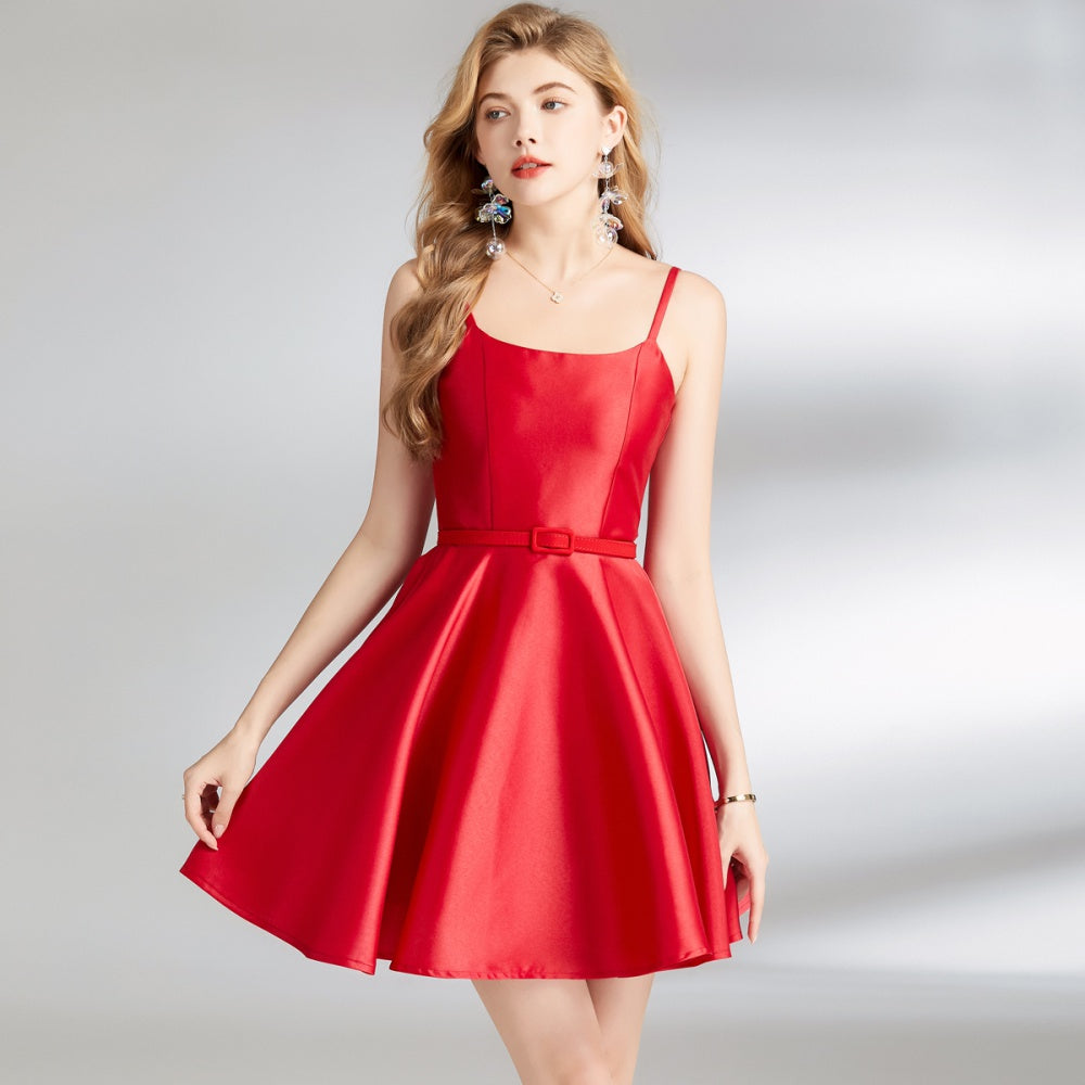 CM-DY009848 Women Elegant European Style Straps Sleeveless Slim Dress With Belt - Red
