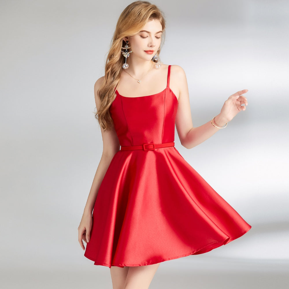 CM-DY009848 Women Elegant European Style Straps Sleeveless Slim Dress With Belt - Red