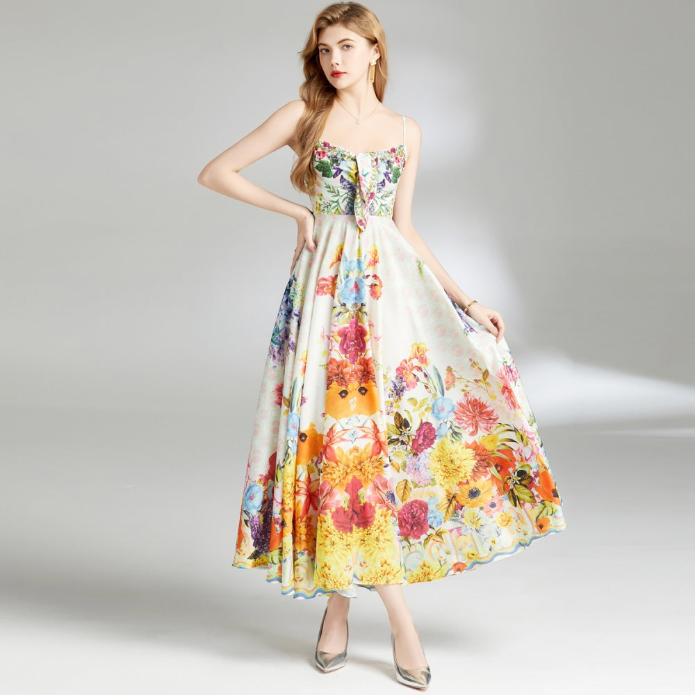 CM-DY009850 Women Elegant European Style Halter Sleeveless Sling Printing Long Dress