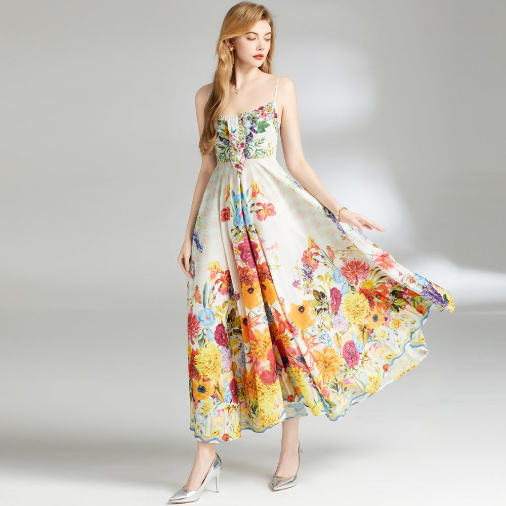 CM-DY009850 Women Elegant European Style Halter Sleeveless Sling Printing Long Dress