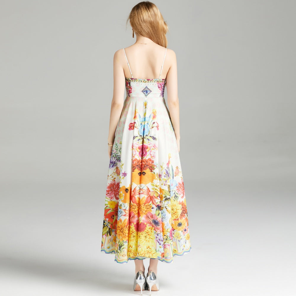 CM-DY009850 Women Elegant European Style Halter Sleeveless Sling Printing Long Dress