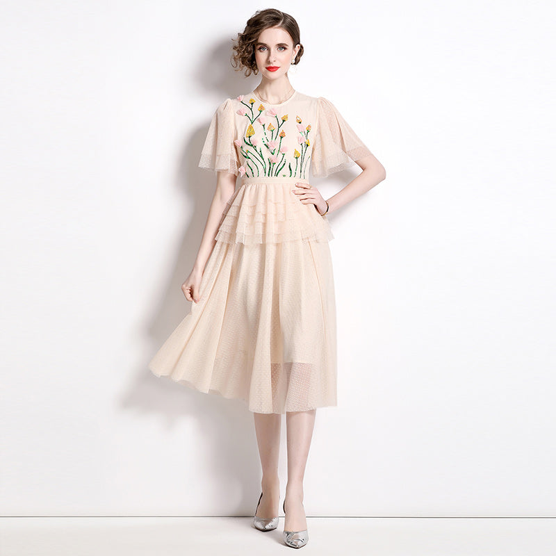 CM-DY009855 Women Elegant European Style Round Neck Short Sleeve Midi Dress - Apricot