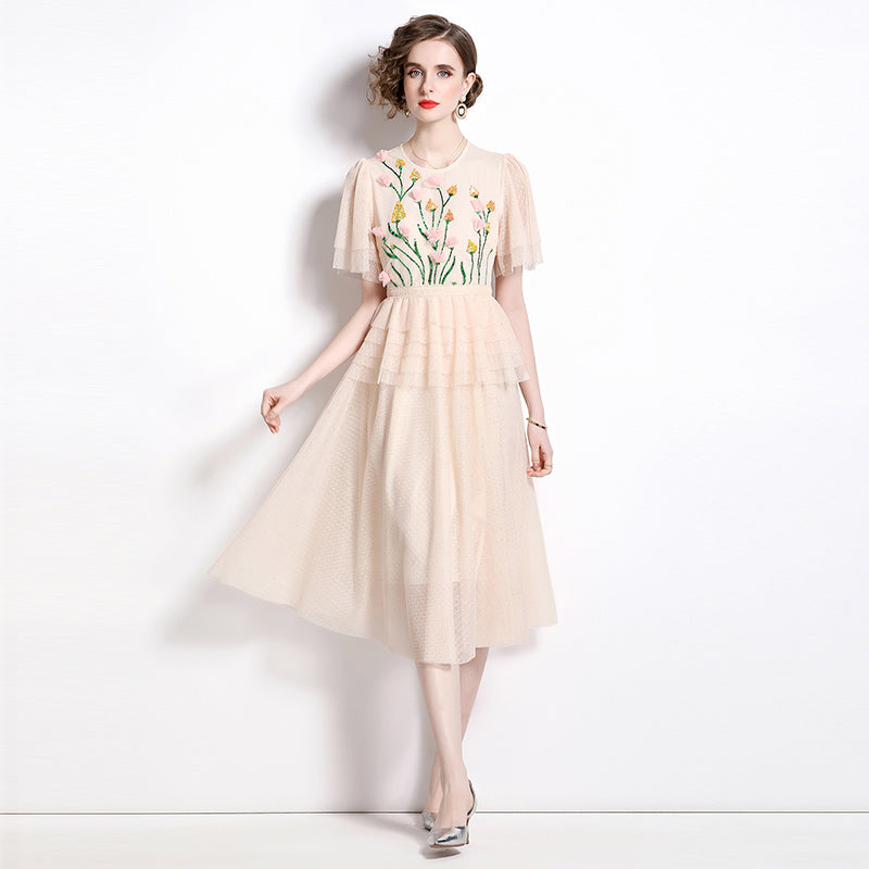 CM-DY009855 Women Elegant European Style Round Neck Short Sleeve Midi Dress - Apricot