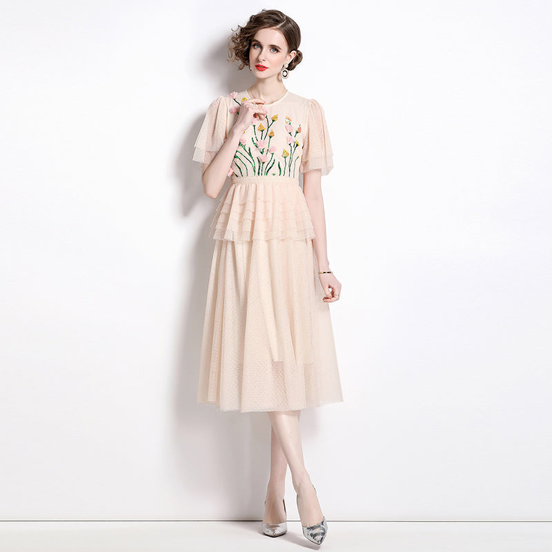 CM-DY009855 Women Elegant European Style Round Neck Short Sleeve Midi Dress - Apricot