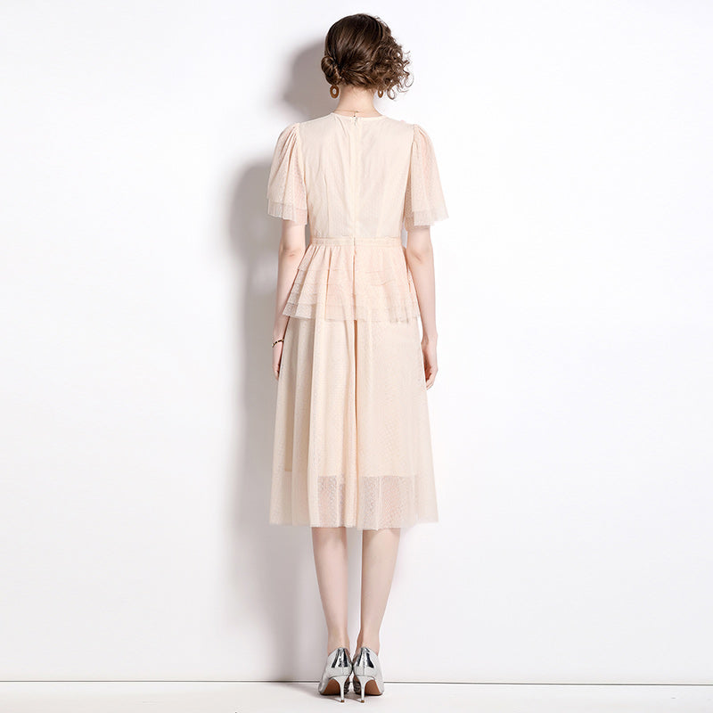 CM-DY009855 Women Elegant European Style Round Neck Short Sleeve Midi Dress - Apricot