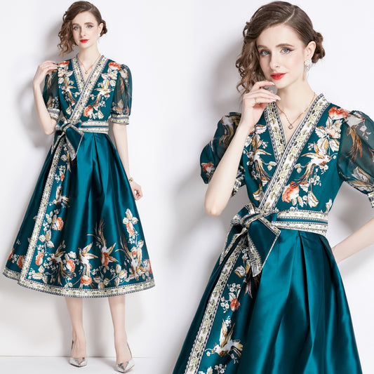 CM-DY009859 Women Elegant European Style V-Neck Short Sleeve Floral Print Midi Dress - Green