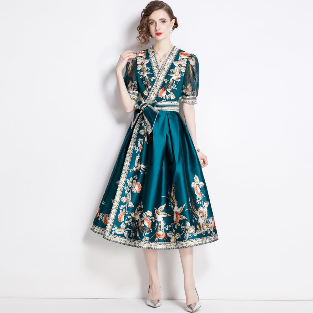 CM-DY009859 Women Elegant European Style V-Neck Short Sleeve Floral Print Midi Dress - Green