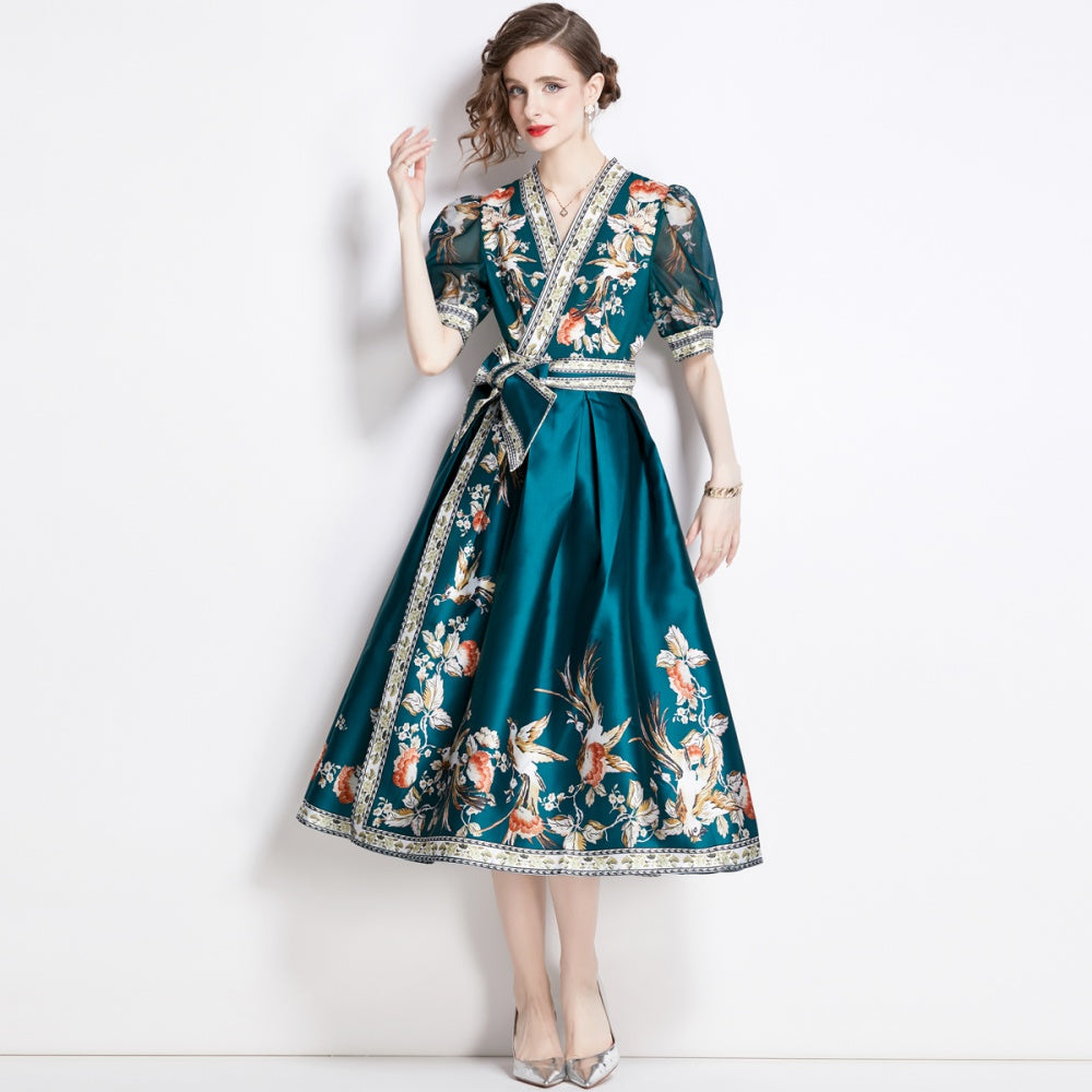 CM-DY009859 Women Elegant European Style V-Neck Short Sleeve Floral Print Midi Dress - Green