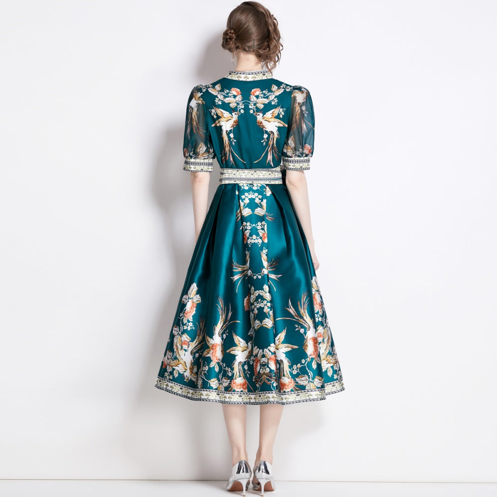CM-DY009859 Women Elegant European Style V-Neck Short Sleeve Floral Print Midi Dress - Green