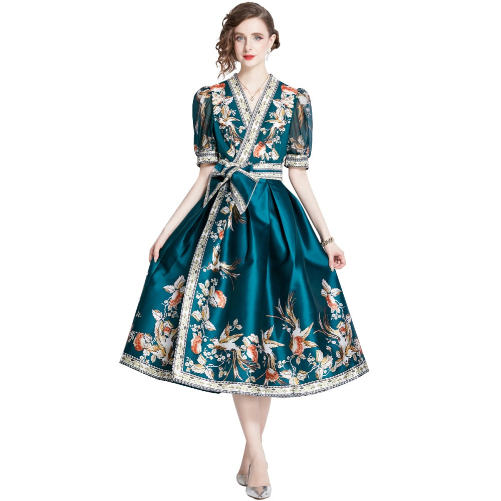 CM-DY009859 Women Elegant European Style V-Neck Short Sleeve Floral Print Midi Dress - Green