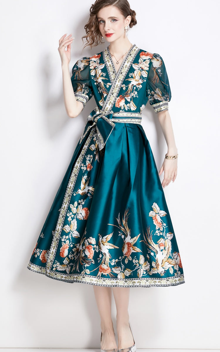 CM-DY009859 Women Elegant European Style V-Neck Short Sleeve Floral Print Midi Dress - Green